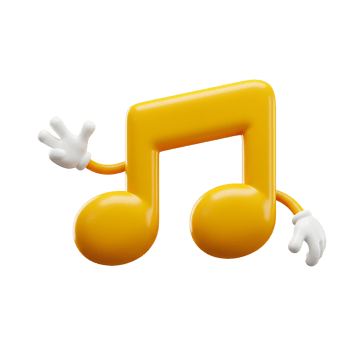 A cheerful yellow music note is depicted with arms and hands waving, adding a whimsical touch that can be used for musical content or educational materials. png