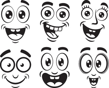 Six funny cartoon faces expressions black white vector