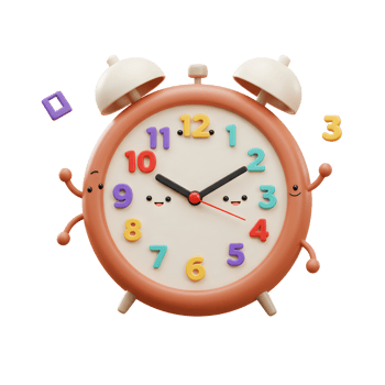 A cartoon alarm clock with colorful numbers and smiling faces displays the time, making it suitable for educational materials or children's designs. png