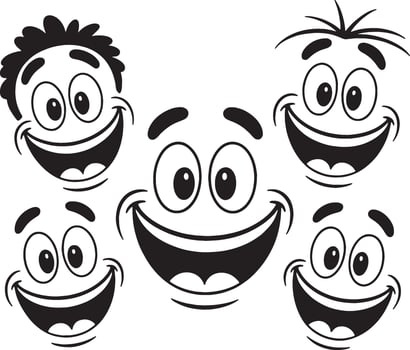 Five happy cartoon faces big smiles joyful expressions vector