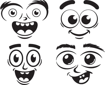 Cartoon faces set happy expressions black white vector