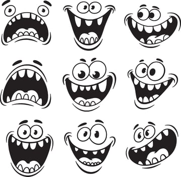Nine hilarious monster faces cartoon expressions vector