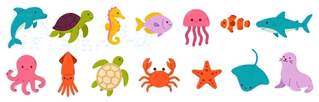 Set of colorful ocean animals including dolphin, turtle, seahorse, jellyfish, shark, clownfish, crab, starfish, octopus and others vector