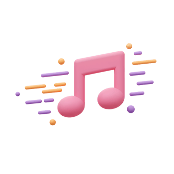 A pink 3D music note is surrounded by colorful lines and dots, creating a whimsical and vibrant design suitable for musical themes. png