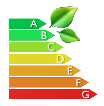 This 3D rendering displays an energy efficiency rating chart illustrating various performance levels for ecological houses. The chart emphasizes energy classes from A to G, promoting sustainability png