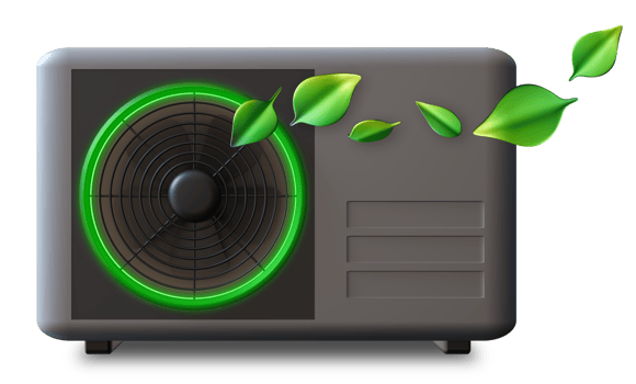 This air source heat pump features a compact gray and black design, highlighting core components. Eco-friendly leaves symbolize energy efficiency and sustainable heating solutions png