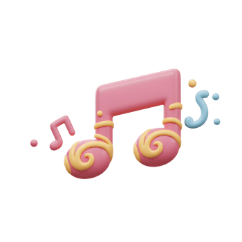 A cheerful pink musical note is surrounded by decorative swirls and embellishments, perfect for illustrating music education or a lighthearted musical theme. png