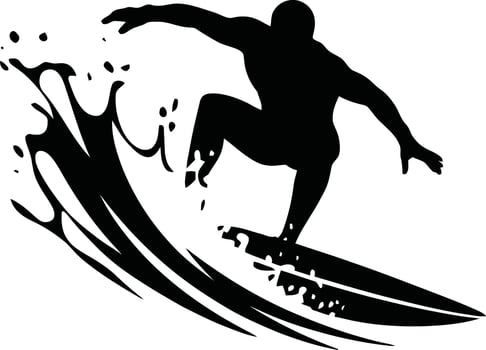 Dynamic surfer silhouette riding a wave vector