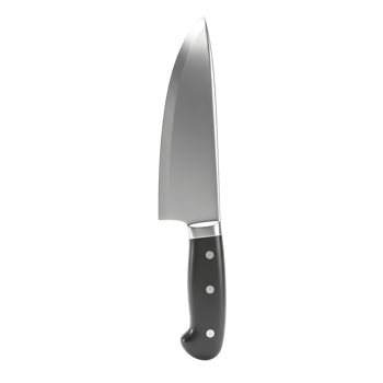 This is a clear image of a chef's knife with a black handle and silver blade, perfect for use in cooking and food preparation. png