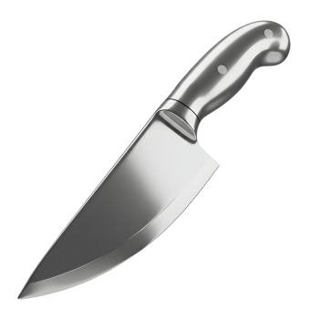 A shiny metal knife with a curved handle is displayed against a white background, useful for food preparation. png