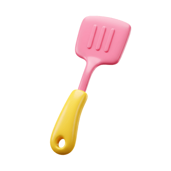 A pink spatula with a yellow handle is displayed in a bright, glossy 3D render and can be used for cooking and baking. png