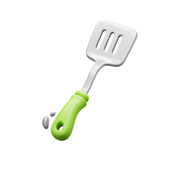 A glossy spatula with a green handle and grey drops is isolated on a white background and used for cooking. png