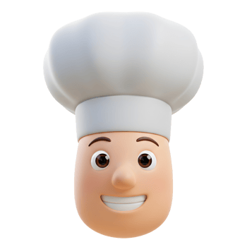 This is a 3D render of a cartoon cook's face smiling, wearing a traditional toque hat, ideal for cooking illustrations. png