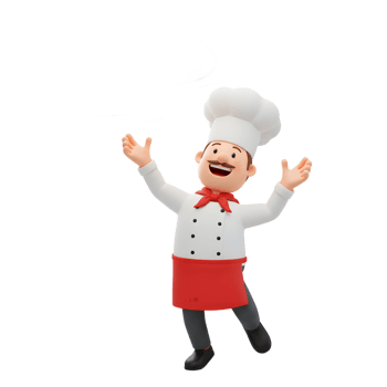 Cartoon chef wearing a white uniform and red apron is tossing pizza dough in the air, which can be used to illustrate food-related content. png