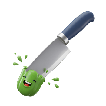 A green pepper with a happy face is being cut by a knife, creating small splashes, and it could be used for cooking illustrations. png