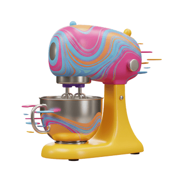 A vibrant stand mixer with a swirling pattern and stainless steel bowl is shown for culinary creations. png