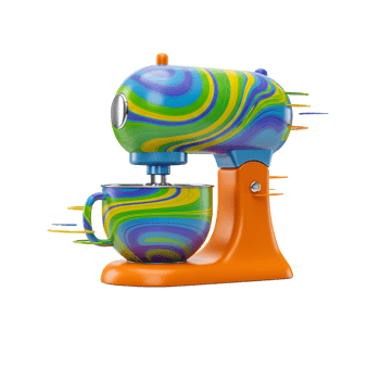 A stand mixer features an abstract swirl pattern in vibrant colors against a white background, ideal for showcasing modern kitchen aesthetics. png