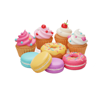 Cupcakes, donuts, and macarons are arranged on a white plate, creating a sweet treat display for dessert. png
