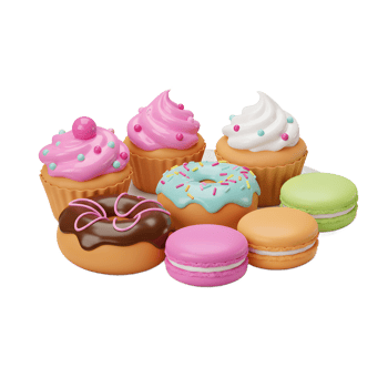 A colorful assortment of cupcakes, donuts, and macarons are displayed on a white plate, perfect for a sweet treat. png