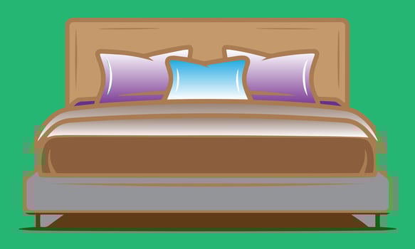 illustration of a modern bed with pillows and bedding on a green background. vector