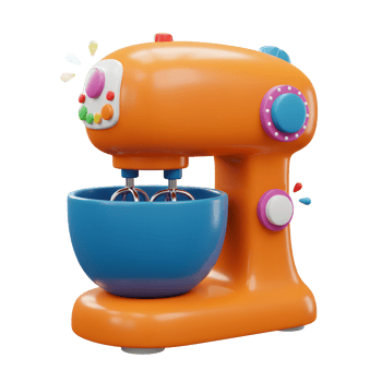 An orange stand mixer with a blue bowl and colorful buttons is displayed in a bright, cartoon style for food preparation. png