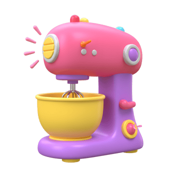 A cute cartoon mixer with a bowl is shown, likely used for baking or cooking. png