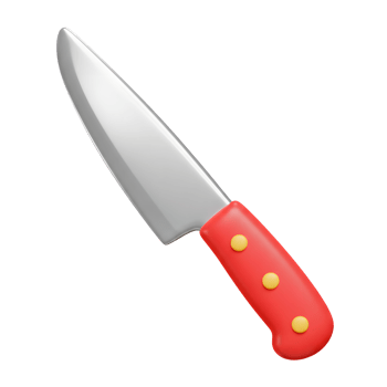 A sharp knife with a red handle and yellow rivets rests against a white background and can be used for kitchen tasks. png