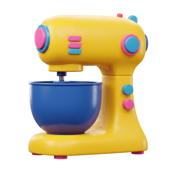 A yellow kitchen mixer with a blue bowl stands ready, perfect for baking and creating culinary delights. png