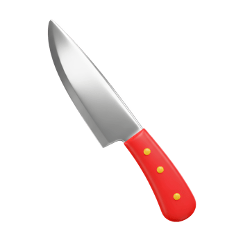 A sharp knife is presented with a red handle secured by golden pins, ideal for cutting and other kitchen tasks. png
