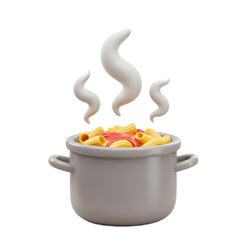 A grey pot filled with pasta and red sauce has steam rising from it, suggesting it's cooking or ready to serve for dinner. png