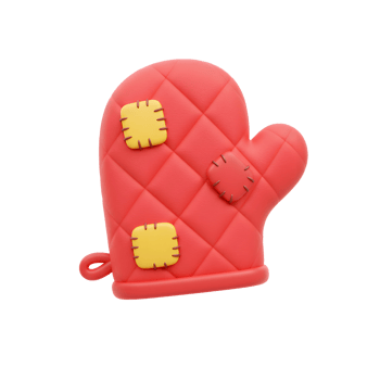 A 3D rendering of a red, quilted oven mitt with yellow and red patches to protect hands from heat. png