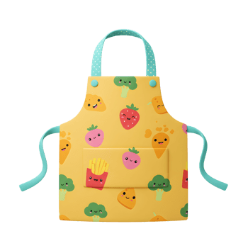 A yellow apron featuring a pattern of cartoon foods such as strawberries, carrots, and fries could be used to protect clothing while cooking or baking. png