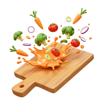 A wooden board has a splash of orange liquid on top with flying vegetables for food preparation. png