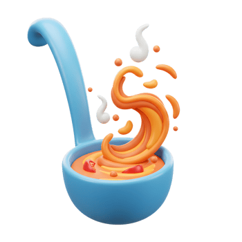 A 3D render presents a blue ladle filled with orange soup, garnished with tomato slices and rising steam, ideal for illustrating culinary concepts. png