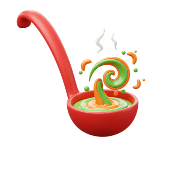 A red ladle holds green and orange soup with a swirl emerging, indicating a culinary process for cooking. png