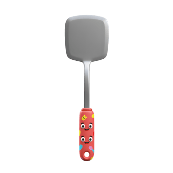 A gray metal spatula with a red handle decorated with cartoon faces and colorful shapes for cooking. png