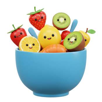 A blue bowl is filled with adorable cartoon fruits and vegetables, creating a cheerful and healthy image perfect for children's content or promoting nutritious eating. png