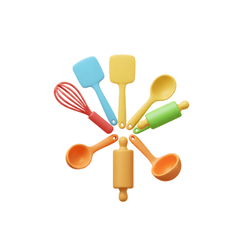 A bright and colorful set of kitchen utensils including a whisk, spatula, spoon, rolling pin, and ladle are arranged in a circle, perfect for cooking and baking. png