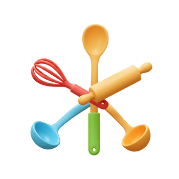 Colorful kitchen utensils including a spoon, whisk, rolling pin, and ladles are arranged in a playful composition for cooking and baking. png