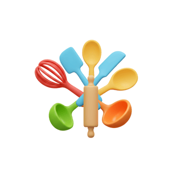 This image features kitchen utensils including a rolling pin, spatula, ladle, whisk, and spoon displayed in a colorful arrangement for cooking purposes. png