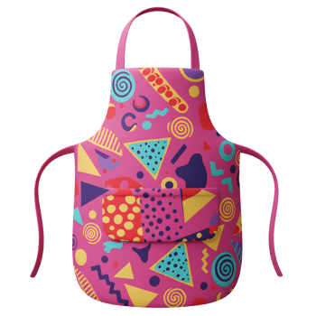 A pink apron features a vibrant geometric pattern including triangles, circles, and squares, ideal for use while cooking or crafting. png