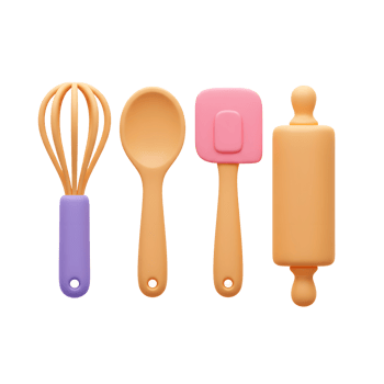 A set of kitchen utensils including a whisk, spoon, spatula, and rolling pin are arranged against a white background for cooking and baking. png