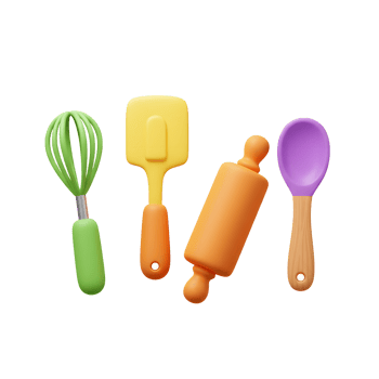 A colorful cartoon kitchen utensil set including a whisk, spatula, rolling pin, and spoon is great for mixing, baking, and cooking. png