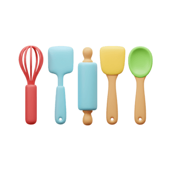 A 3D rendered image showcases a set of kitchen utensils, including a whisk, spatula, rolling pin, and spoon, perfect for baking and cooking. png