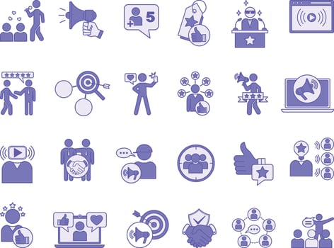 Colored Influencer Icon Set. Illustrations Follower, Promote, Broadcast, Recommend, Celebrity, Marketing, Content Creator, Social Media, Review, Influence, Niche, and More vector