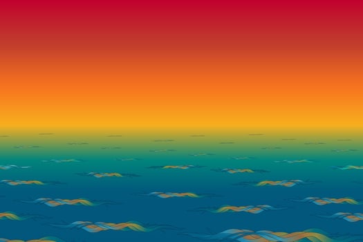Cartoon summer illustration scene of abstract ocean waves under colorful sunset sky. Tropical seascape background in gradient. For summertime, beach, vacations, and outdoor concept design. vector