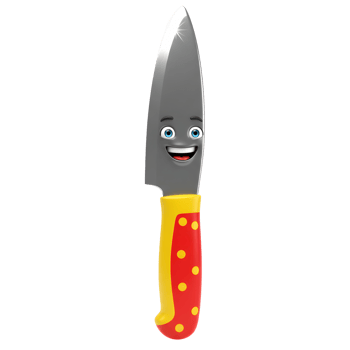 A cartoon knife with a smiling face and colorful handle is seen standing upright, perfect for culinary themed designs. png