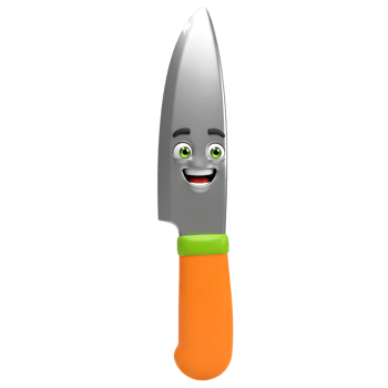 A cartoon knife with a smiling face, orange handle, and green accent appears against a white background, ideal for illustrating cutlery concepts. png