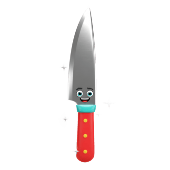A happy cartoon knife stands with its friendly face and shiny blade, likely for use in a kitchen or cooking context. png