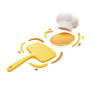 A pancake is being flipped into the air with a spatula, accompanied by a chef's hat and decorative swirls, for use in food preparation illustrations. png